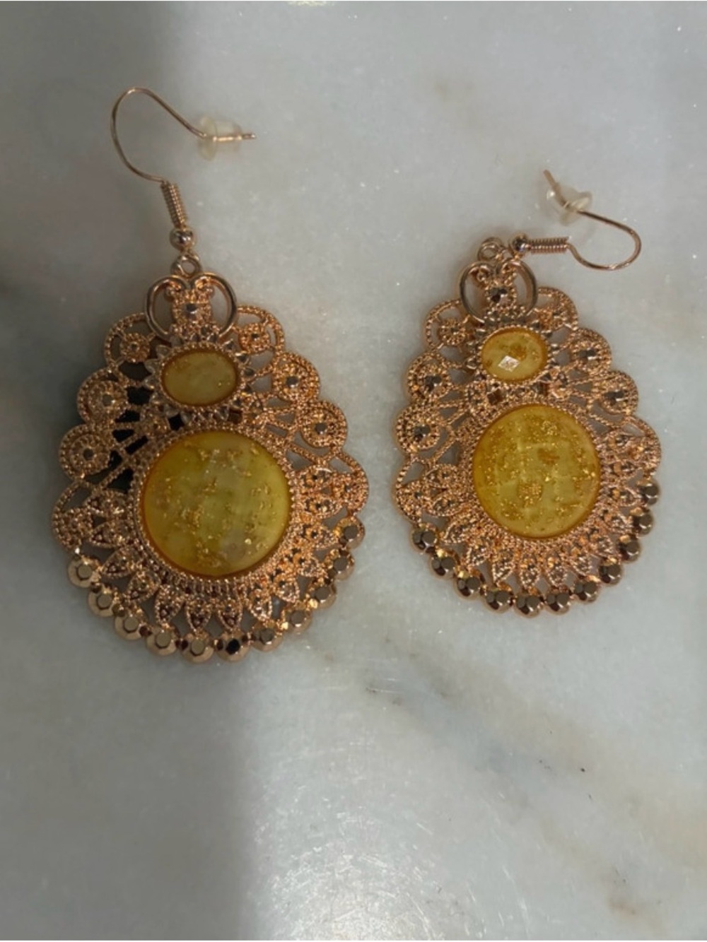 Gold-Tone Filigree Drop Earrings with Yellow Accent - Women Jewelry
